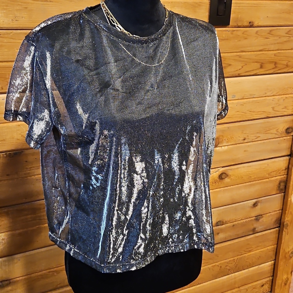 Black Sheer Top Shiny Silver Boxy Fit No Tag